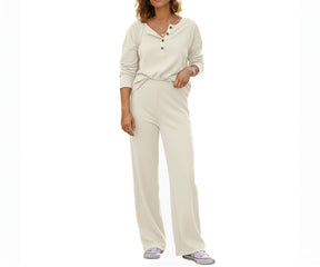Women’s off-white linen long sleeve pajama set, breathable 100% linen sleepwear with relaxed fit