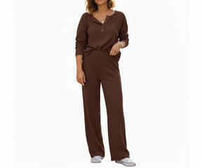Women’s brown linen long sleeve pajama set, breathable relaxed fit linen sleep and lounge wear