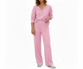 Women’s pink linen long sleeve pajama set, airy 100% linen nightwear for everyday comfort