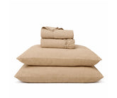 Warm beige European flax linen bedding set with deep pocket fitted sheet, breathable luxury linen sheets for king and queen beds, neutral modern bedroom decor