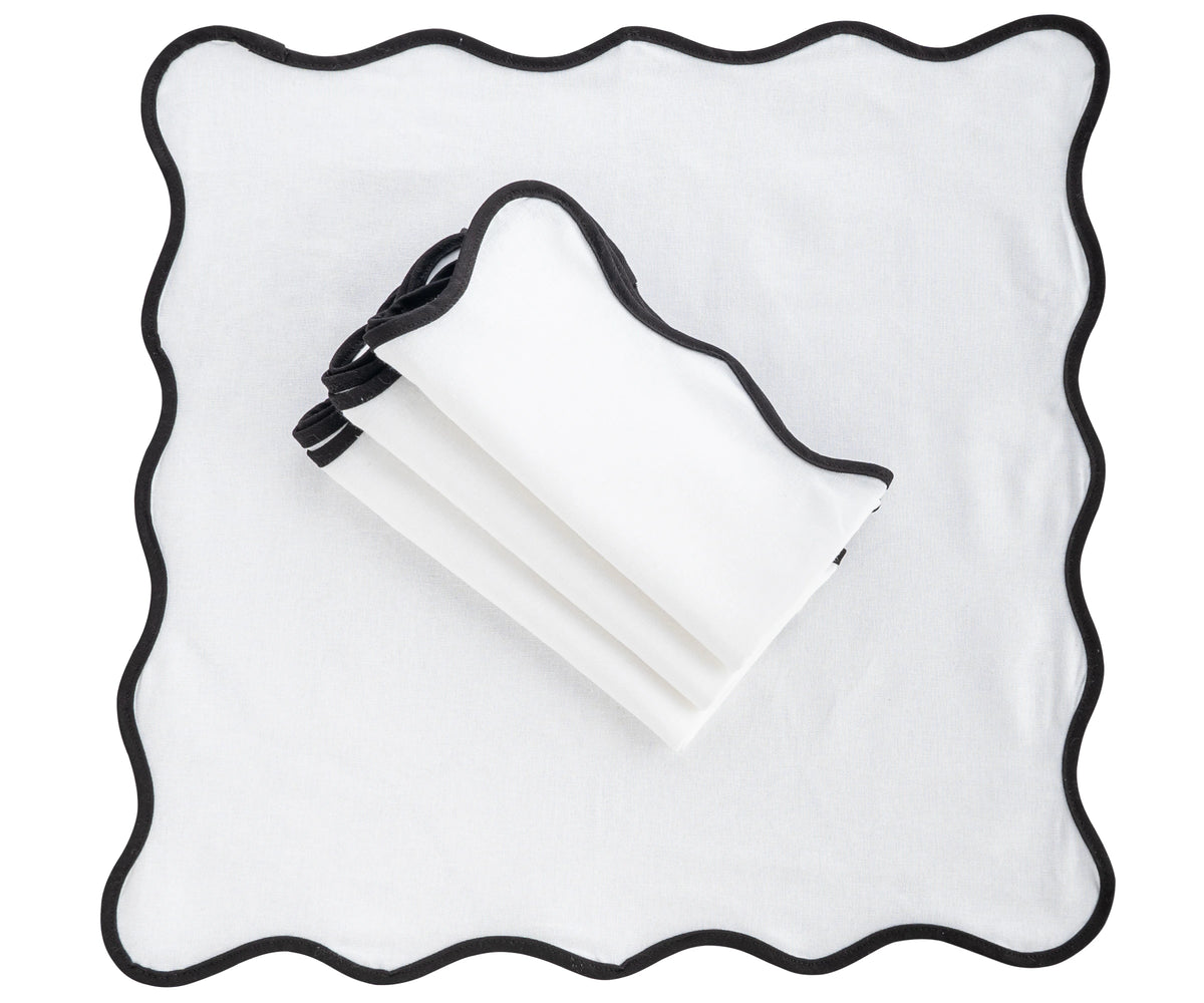 black cotton napkins with scalloped trim, 18-inch, set of 4 for elegant dining.