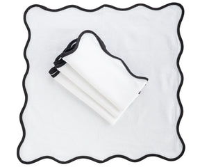 black cotton napkins with scalloped trim, 18-inch, set of 4 for elegant dining.
