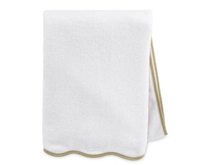 Close-up of white bath towel with beige trim highlighting soft, absorbent cotton weave