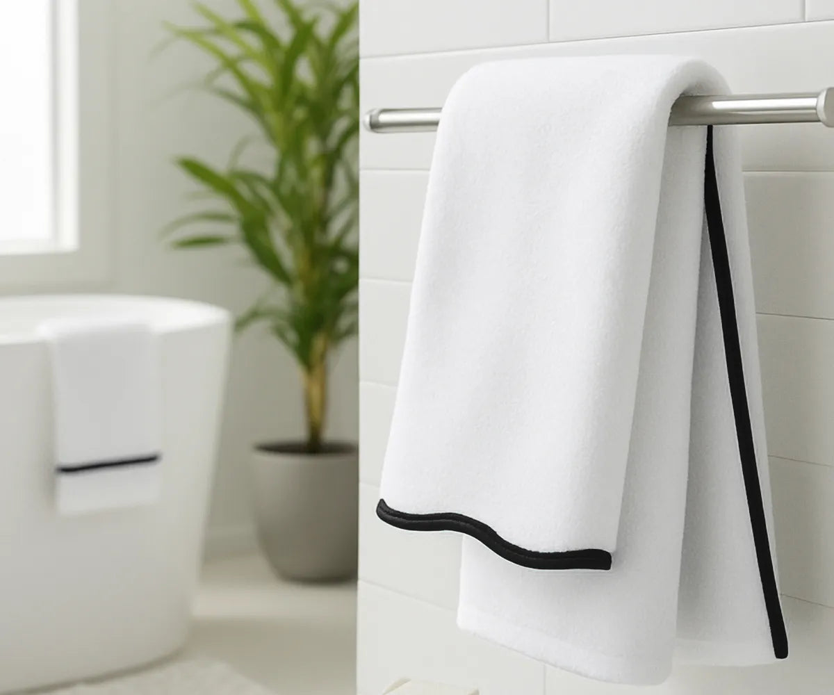 Luxurious white cotton bath towel with sleek black edge, crafted from 100% pure cotton for superior softness, absorbency, and long-lasting comfort — ideal for home, spa, or gym use.