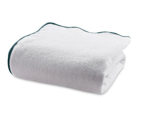 Close-up of green and white bath towel highlighting plush cotton weave and absorbency