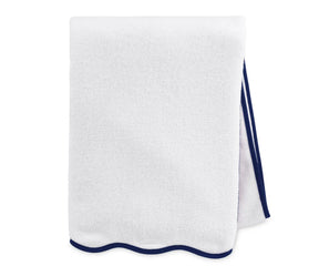 Close-up of navy and white bath towel highlighting plush cotton weave and absorbency