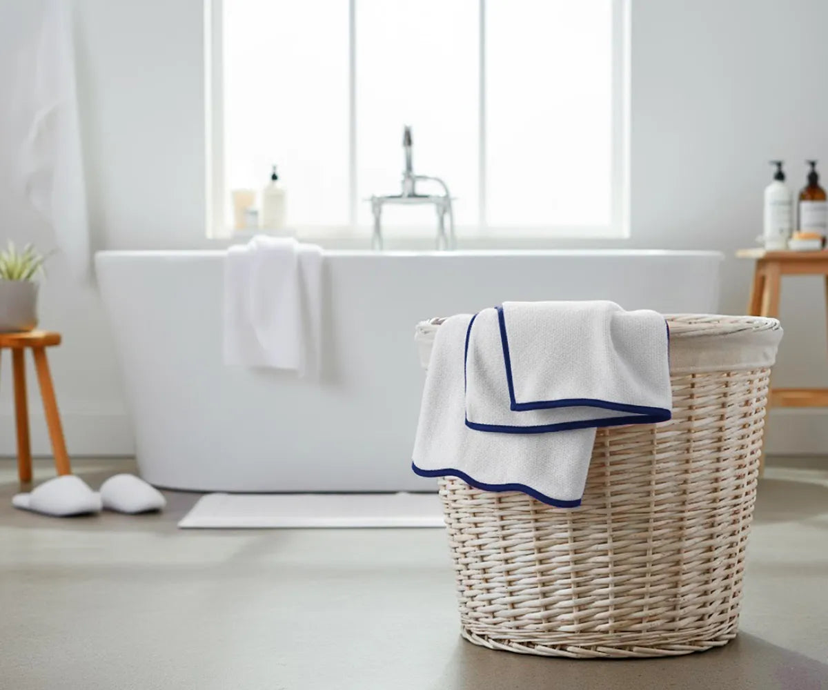 Stack of thick white cotton towels with navy trim, ideal for bathroom or spa use