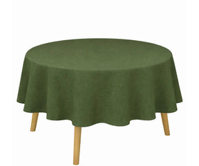 Olive cotton linen round tablecloth featuring a plain solid look, textured cotton linen fabric perfect for everyday and festive table settings