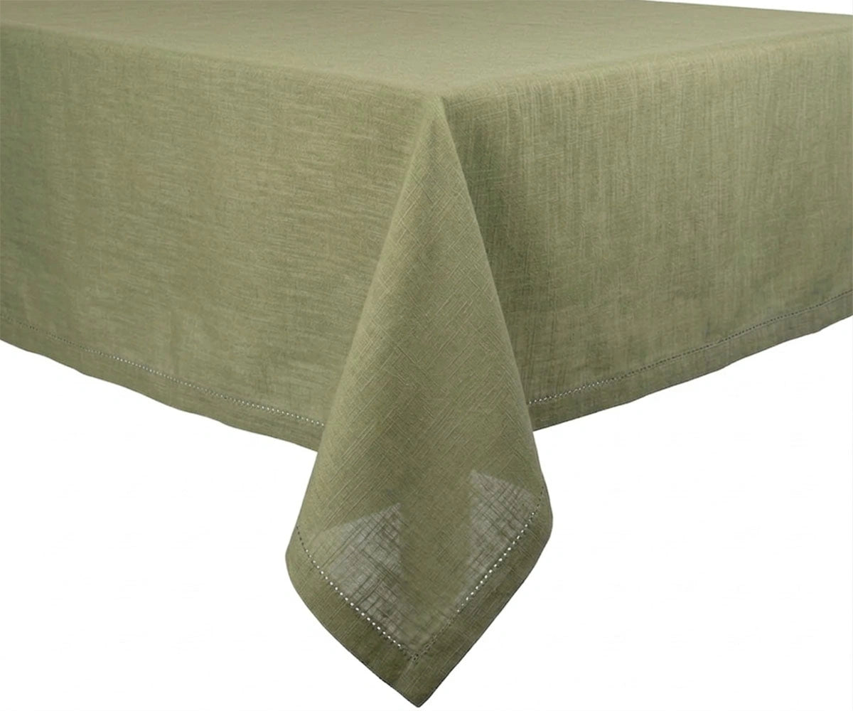 Muted  green tablecloth with clean edges, durable cotton fabric for dining table