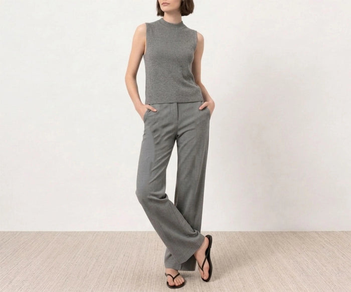 Gray sleeveless jumpsuit for women with wide-leg pants and color swatches