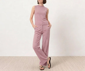 Cinder Rose  sleeveless jumpsuit for women with wide-leg pants and color swatches