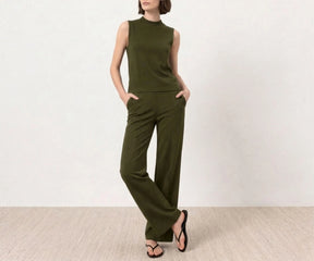 olive sleeveless jumpsuit for women with wide-leg pants and color swatches