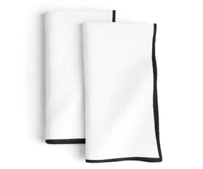 white cotton merrow stitch napkins with black embroidered border, minimalist modern cloth dinner napkins for everyday dining