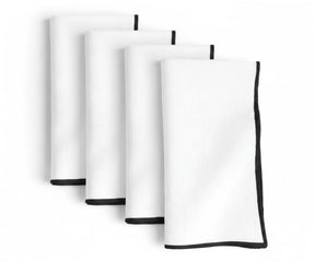 white cotton merrow stitch napkins with black embroidered border, Set of 4, cloth dinner napkins for everyday dining
