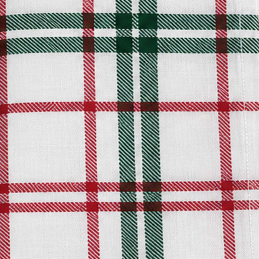 White fabric with red and green tartan plaid pattern