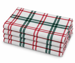 Stacked set of 4 white cloth napkins with red and green plaid check pattern