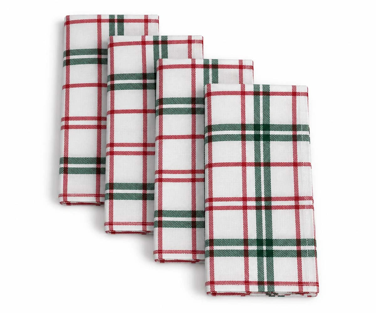 White tartan cloth napkins with red and green plaid pattern