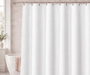 White 100% cotton fabric shower curtain for a clean minimalist bathroom, ideal for modern shower and bathtub spaces