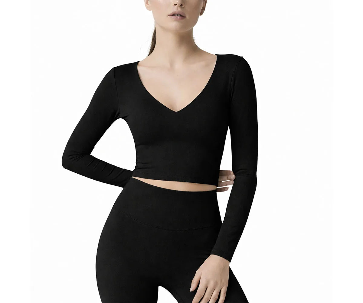 Women’s full sleeve sports t-shirt with deep V-neck, cotton blend activewear top for gym, yoga, and workout wear”