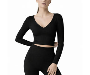 Women’s full sleeve sports t-shirt with deep V-neck, cotton blend activewear top for gym, yoga, and workout wear”