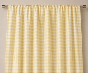 Yellow and white buffalo check curtains in 100% cotton, perfect farmhouse window panels for kitchen windows. Bright buffalo plaid drapes for dining room, bedroom, cottage, and rustic farmhouse décor.