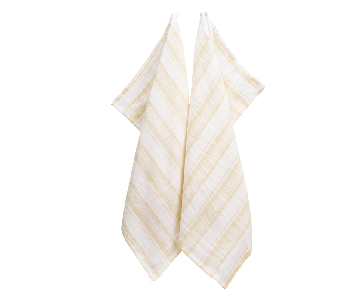 Yellow striped 100% linen hand towels, 18x28 set, lightweight and durable tea towels perfect for drying dishes or adding farmhouse kitchen charm.