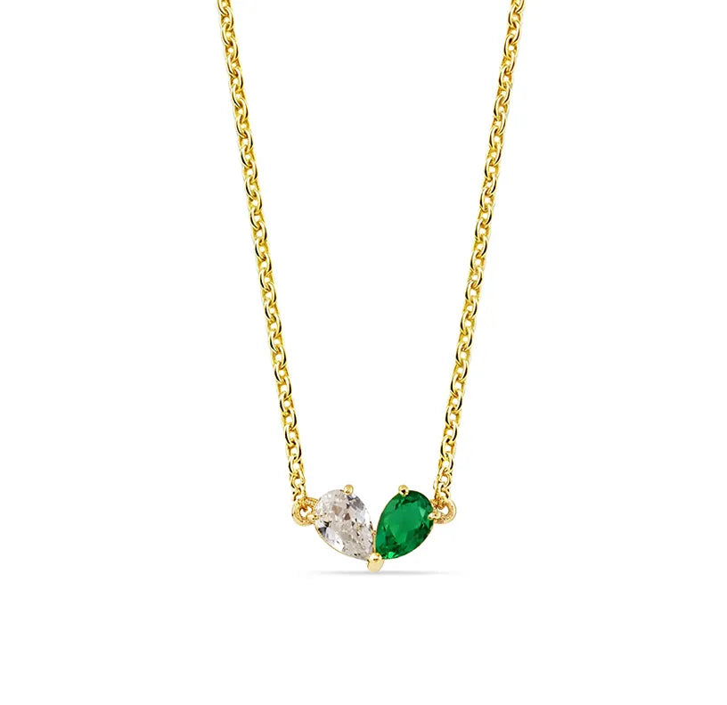 Toi et Moi necklace for women with pear-cut Zircon and Emerald gemstones in yellow gold plating