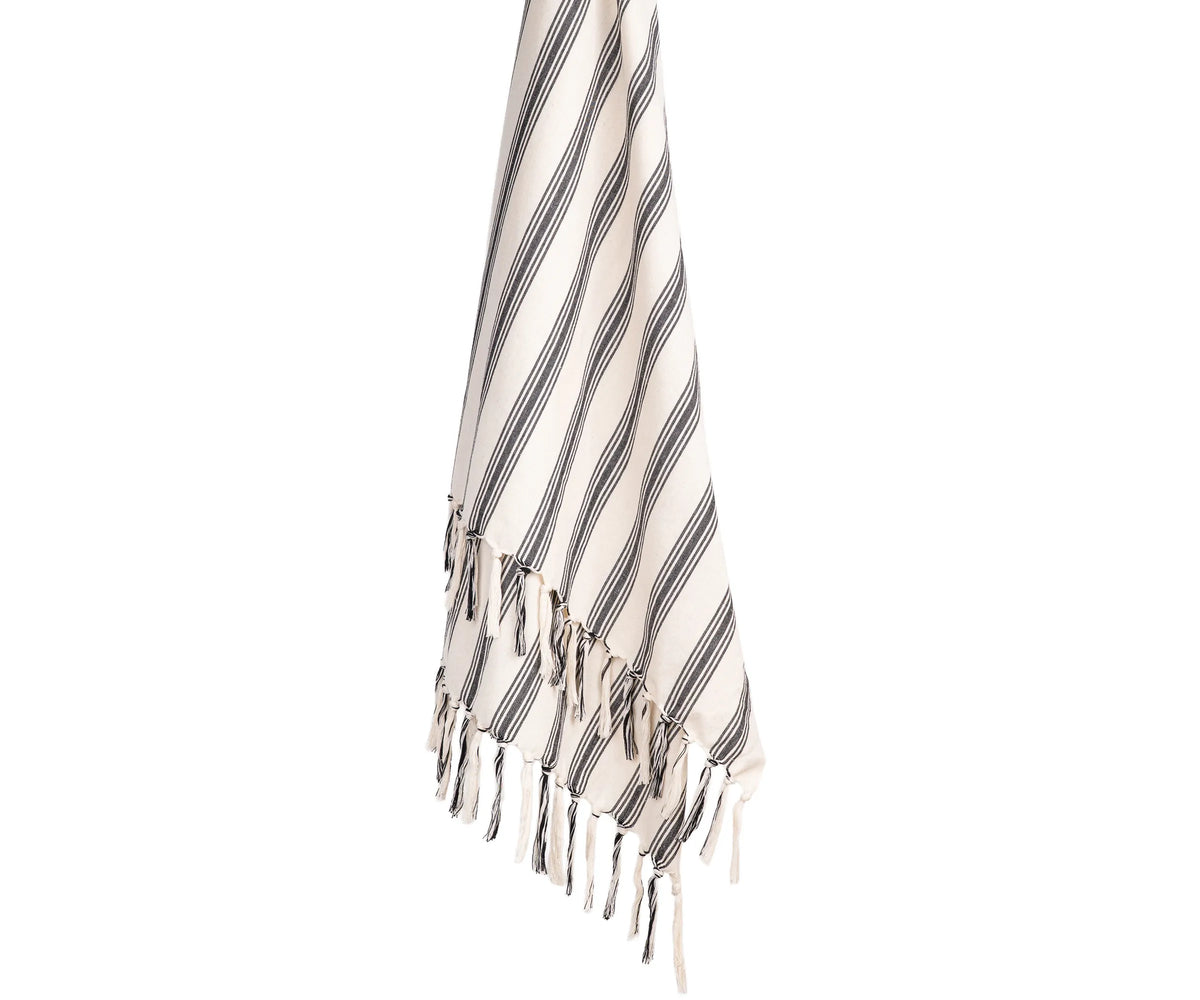 Soft cotton throw blanket featuring modern stripes and fringe, ideal for everyday home décor