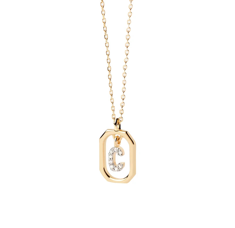 Gold letter C necklace with white zircon accents