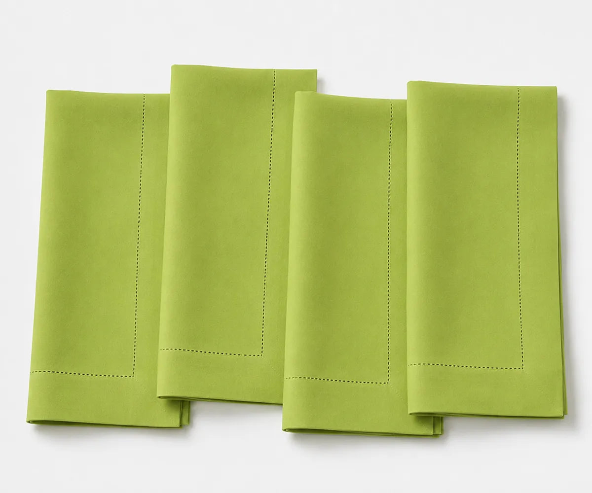 Fresh apple green cotton hemstitch napkins, reusable washable cloth dinner napkins with elegant border for weddings, holiday tables, parties, and everyday dining.