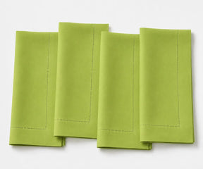 Fresh apple green cotton hemstitch napkins, reusable washable cloth dinner napkins with elegant border for weddings, holiday tables, parties, and everyday dining.
