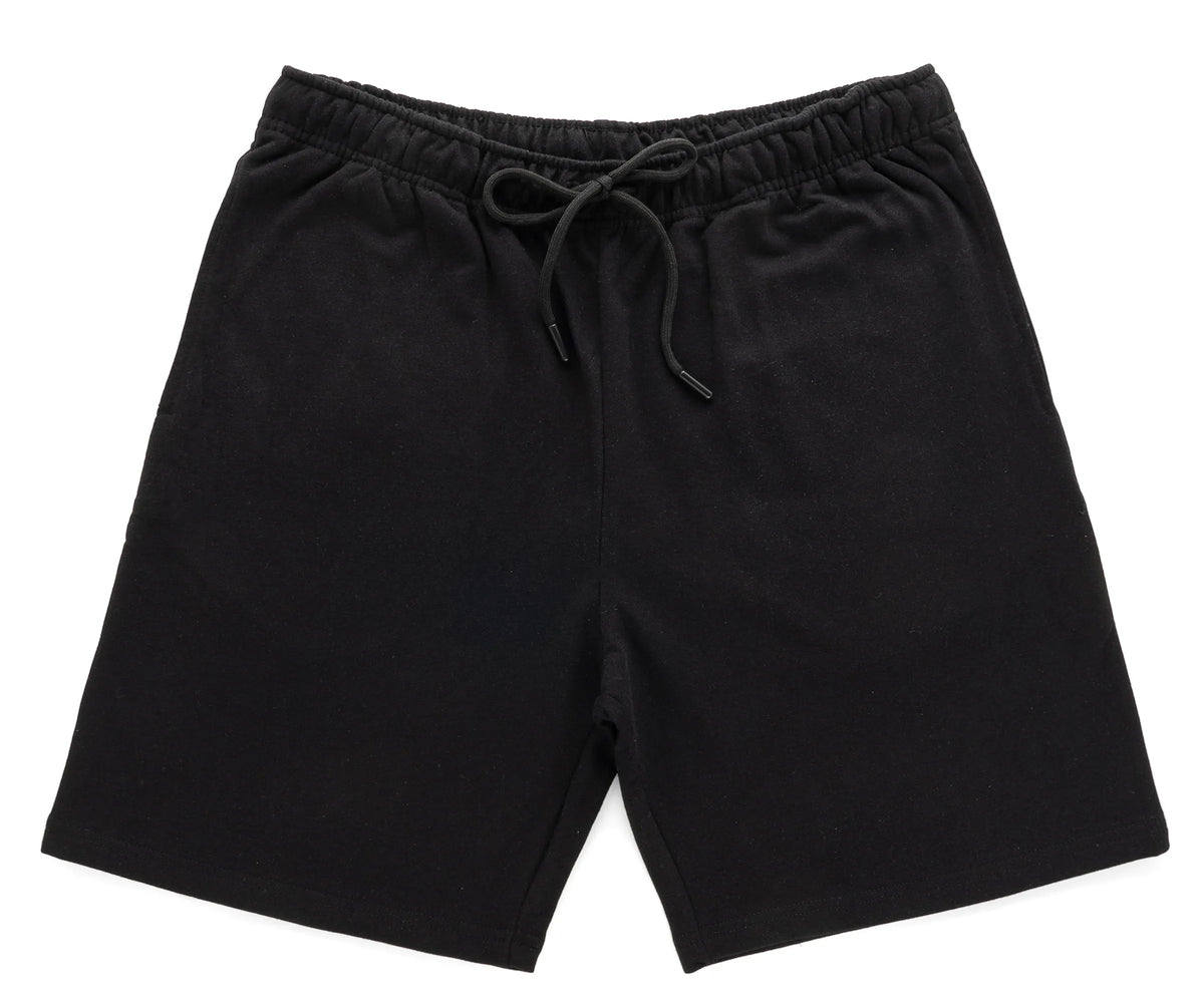 Side profile of men's black shorts with breathable cotton texture