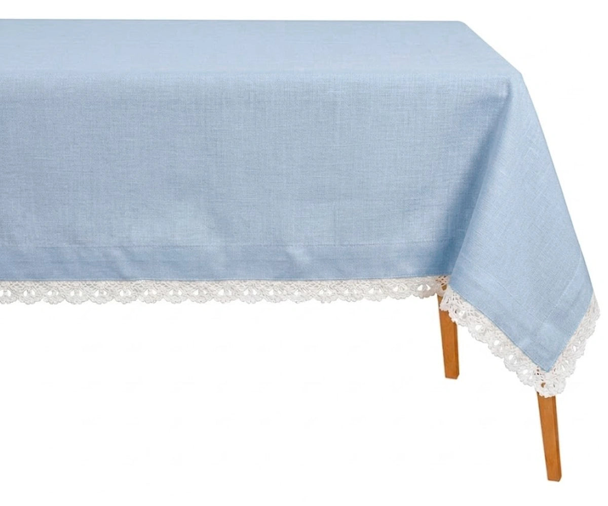 light blue cotton lace tablecloth farmhouse dining setup