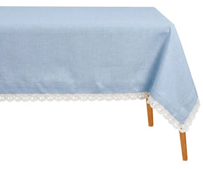light blue cotton lace tablecloth farmhouse dining setup