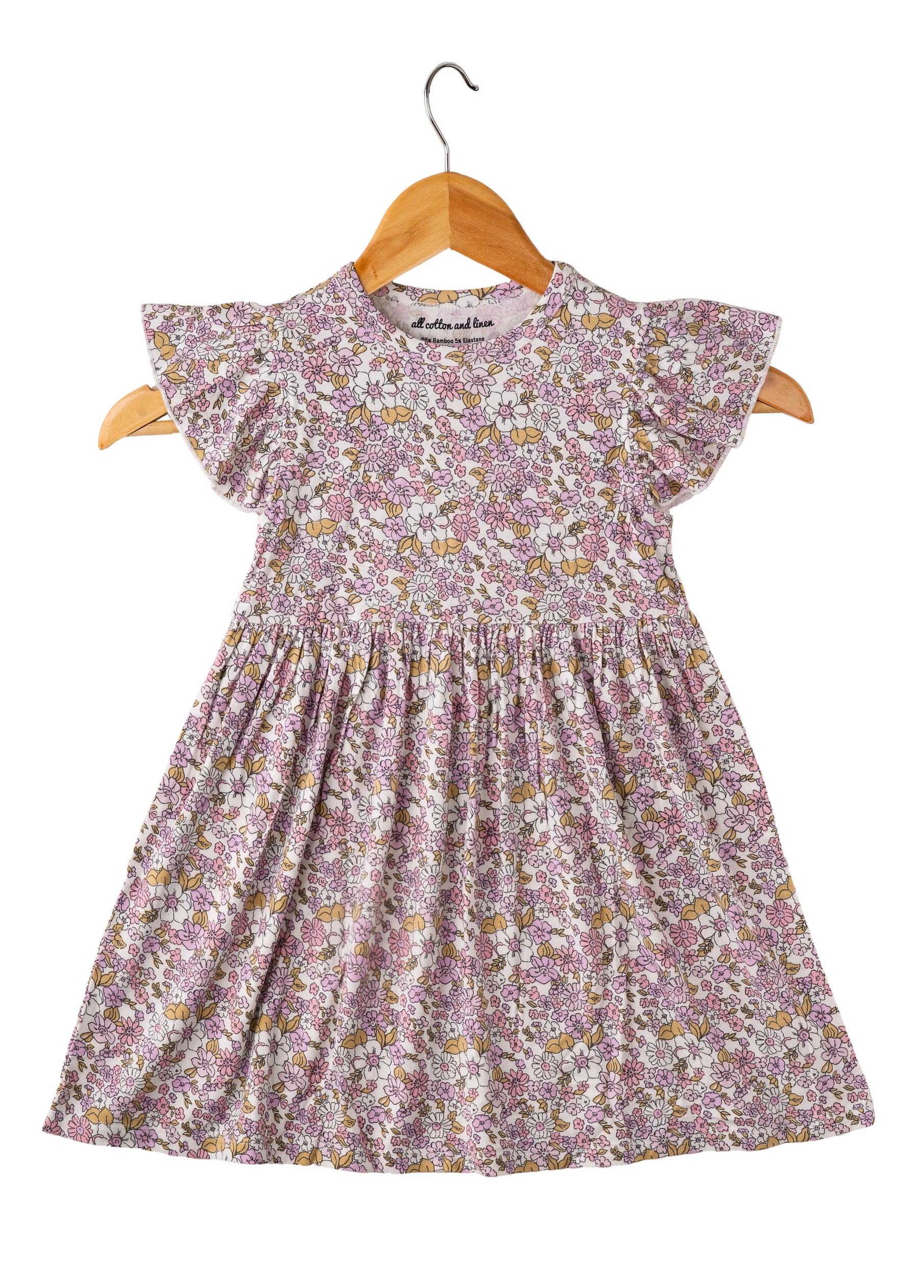 Toddler girl pink flower print summer dress – 100% cotton frock with flared hem and soft pastel accents.