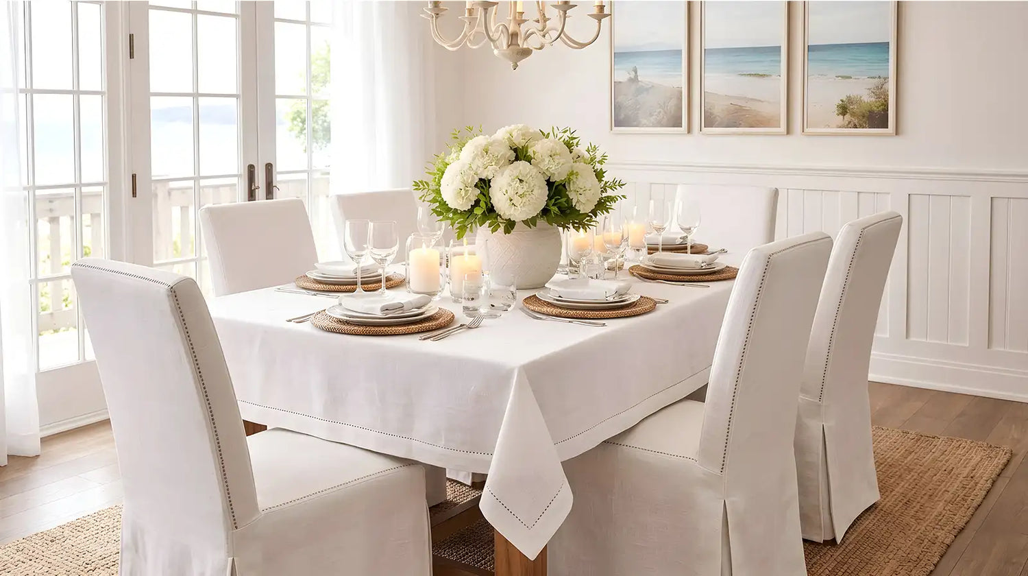 White table cloth styled on an elegant dining table