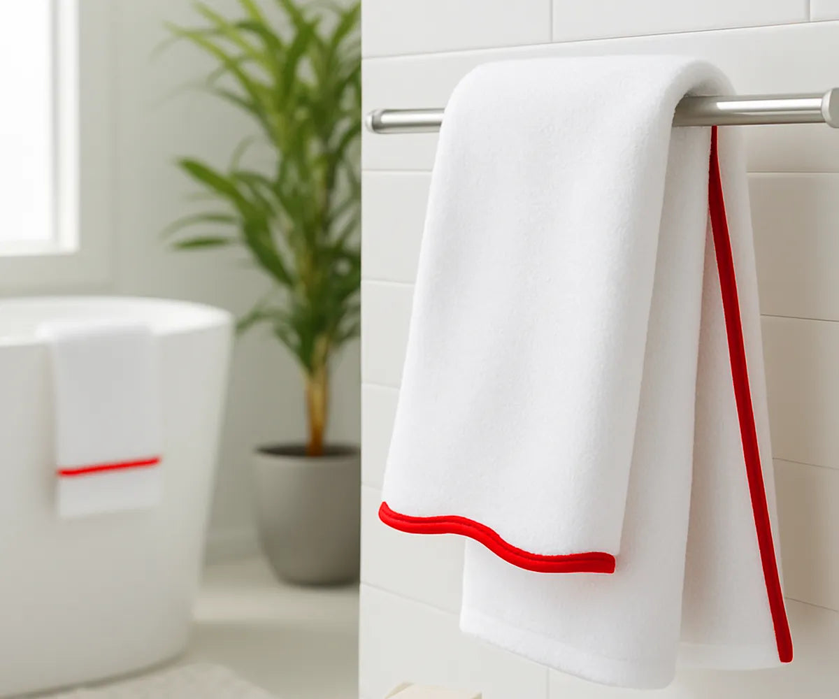 Soft 100% Cotton White Towel with Red Border Design – breathable and plush bath towel combining elegance and functionality; machine washable and perfect for gifting or daily home use.