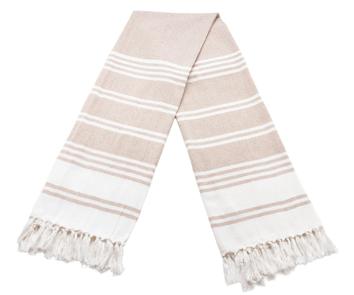 Soft and absorbent beige bath towels made from 100 percent cotton