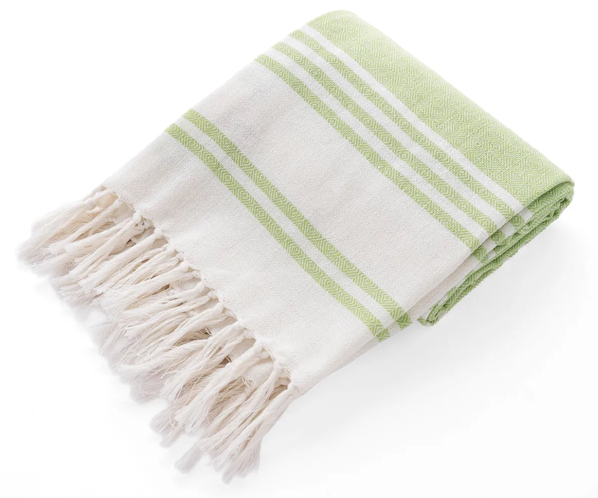 Set of six striped Turkish cotton towels in assorted colors with tassel edges