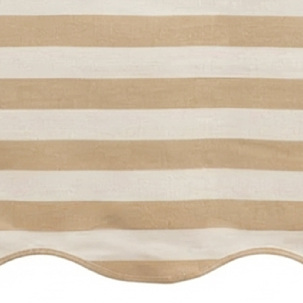 Beige and white cabana striped table runner with a scalloped edge detail.