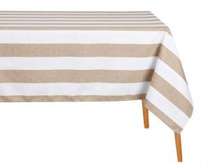 Beige and white wide cabana striped cotton linen tablecloth with straight edges draped over a dining table.