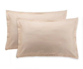 Luxury beige pillow cases made from 100% cotton sateen, available in standard, queen, and king sizes