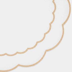 Round beige cotton placemat featuring scalloped edging and delicate embroidered peony accents