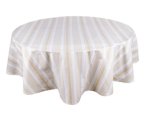 Round beige and white striped cotton tablecloth for farmhouse and modern dining tables