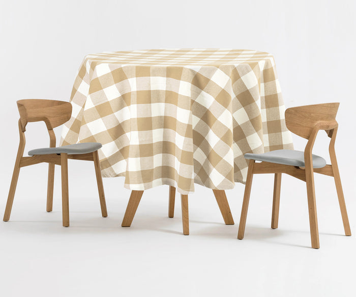 Farmhouse tablecloth. Add charm and style to your table settings with versatile choices: round beige tablecloths and buffalo plaid tablecloths, ideal for any occasion.