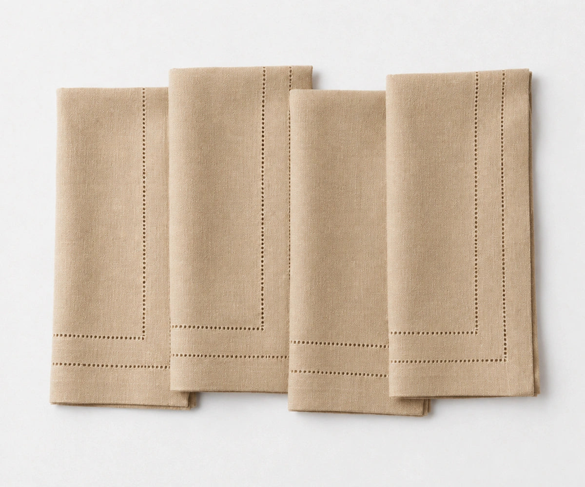 Soft beige linen table napkins with premium double hemstitch, perfect for farmhouse dining, bridal showers, holiday meals, and everyday use.