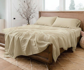Beige 100% European linen sheets with breathable, temperature-regulating fabric for year-round comfort.