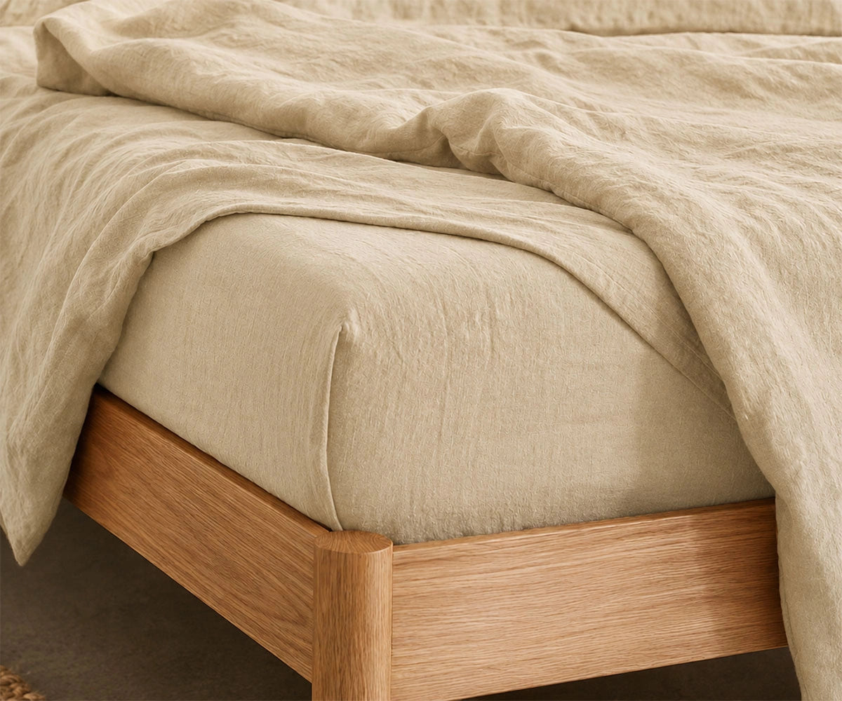 Beige linen sheet set made from soft breathable 100% linen, luxury neutral bedding with deep pocket fitted sheet for queen and king size beds