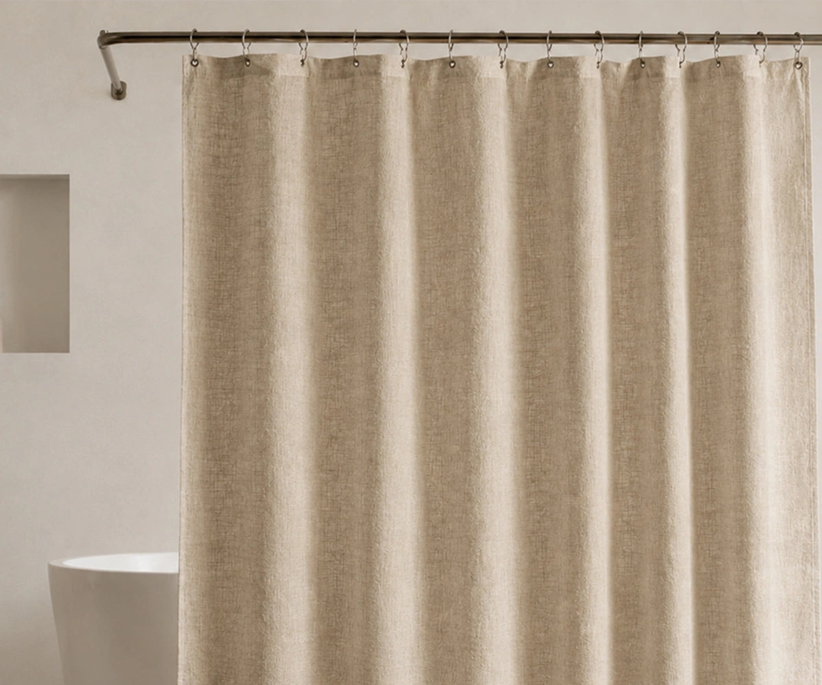 Beige linen shower curtain for a soft neutral bathroom, Long linen bathroom curtain for modern farmhouse styling