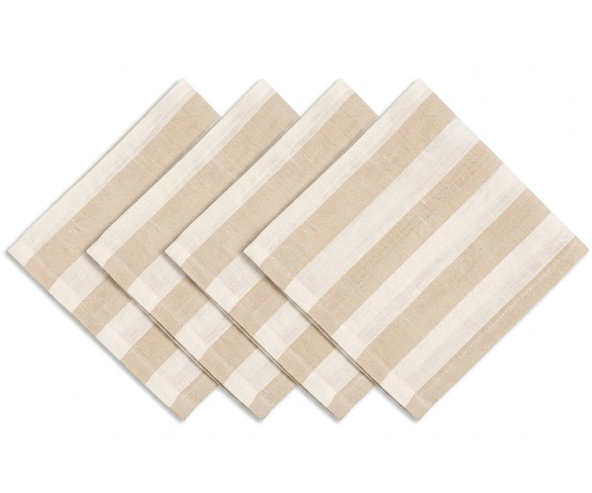 Beige Striped Napkins, Reusable Cotton Linen Table Linens for Rustic Dining Rooms and Family Gatherings.